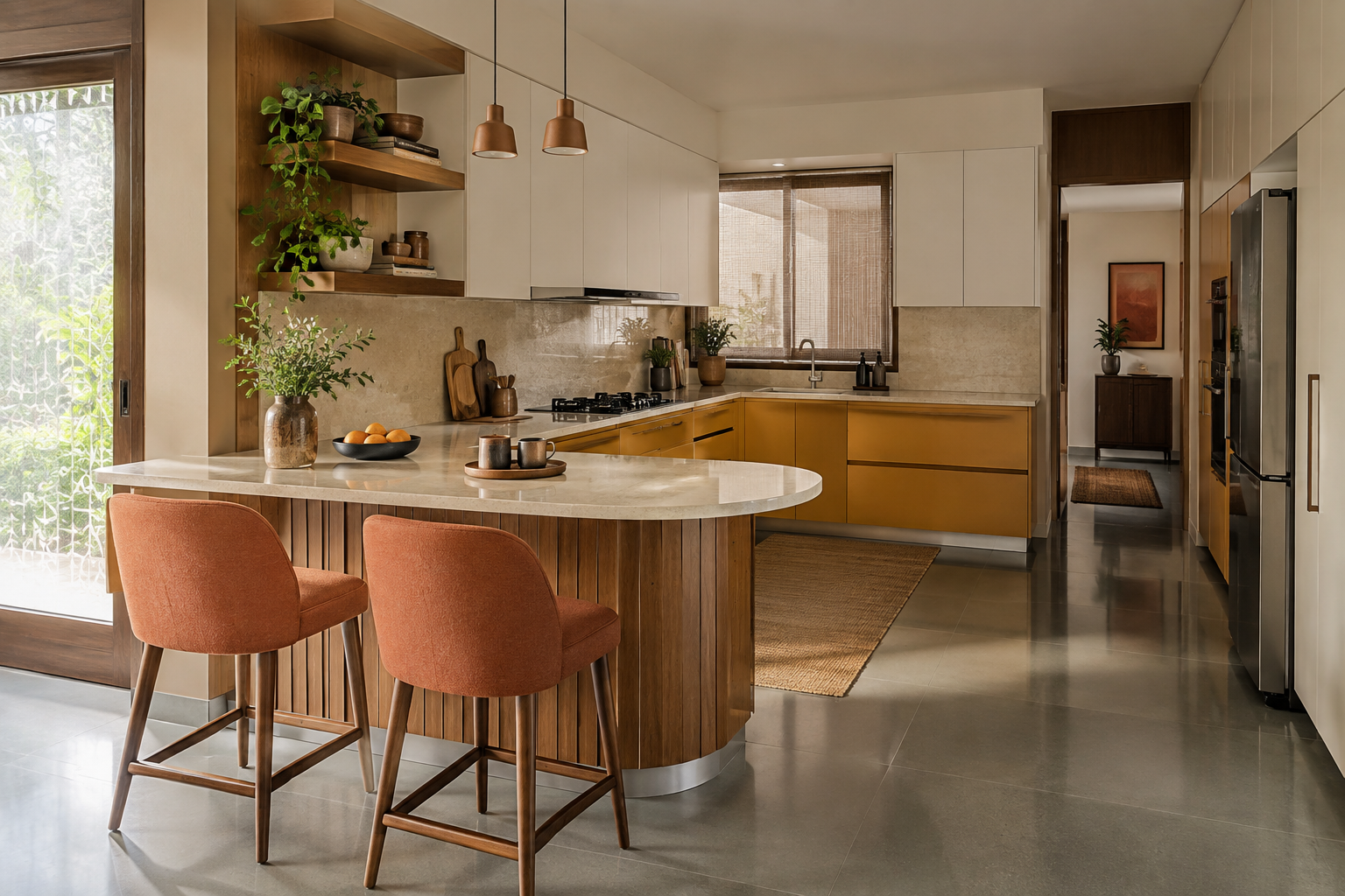 Ochre family kitchen with comfortable seating and generous circulation