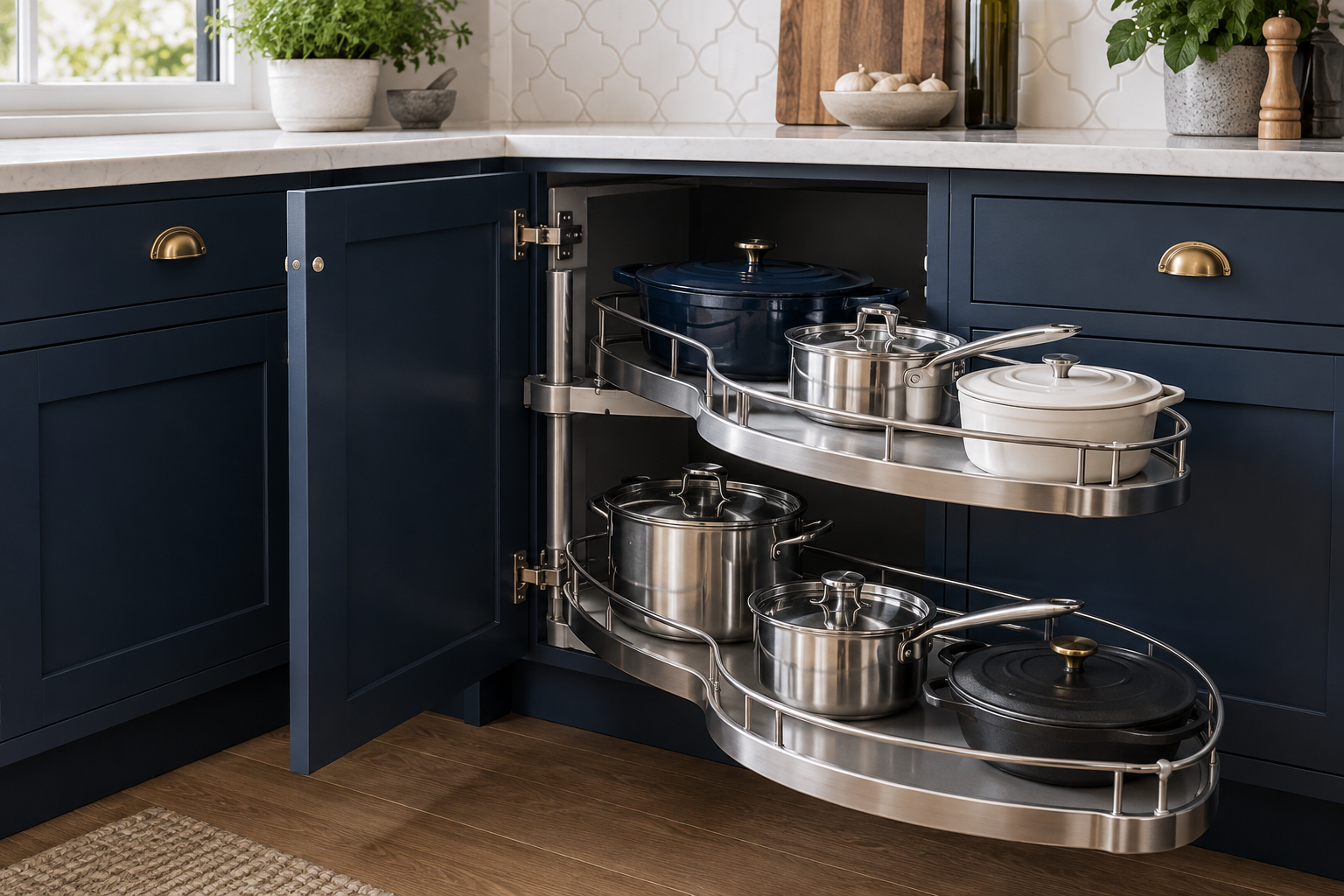 Navy corner cabinet with swing-out cookware trays