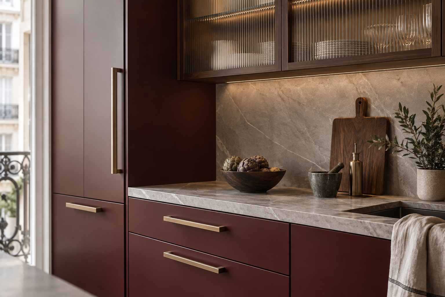 Burgundy kitchen with coordinated stone, metal handles and reeded glass