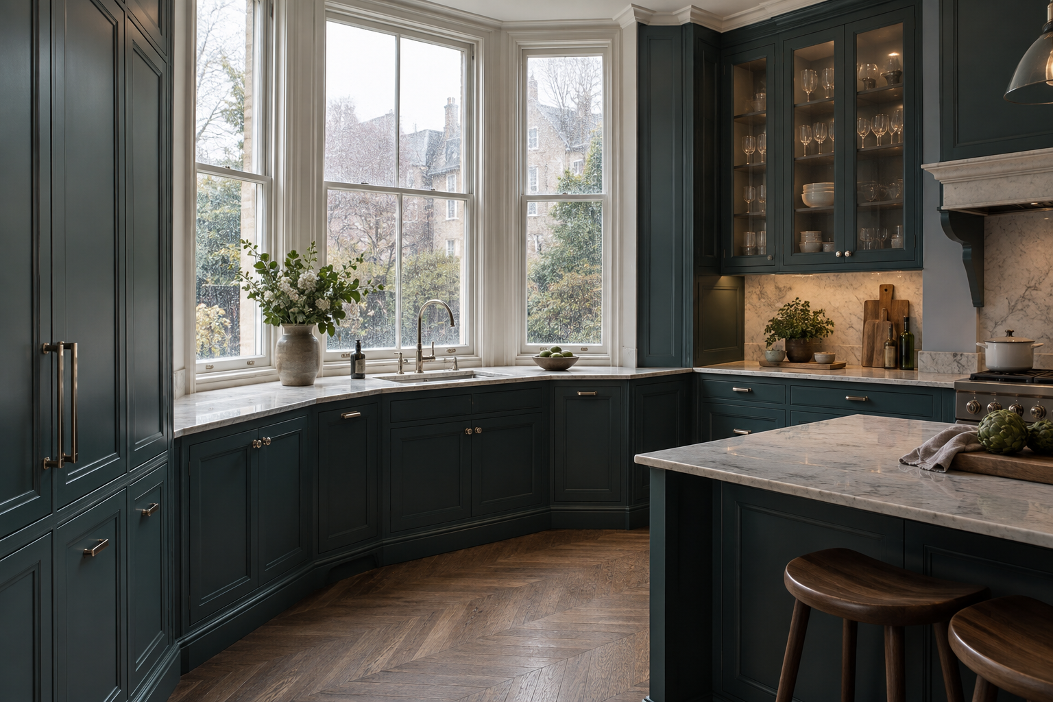 Teal bespoke kitchen cabinetry fitted around a bay window