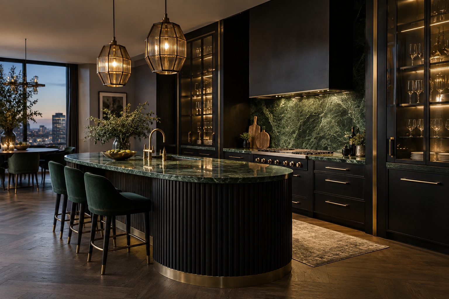 Art Deco kitchen with emerald stone, black fluting and brass accents