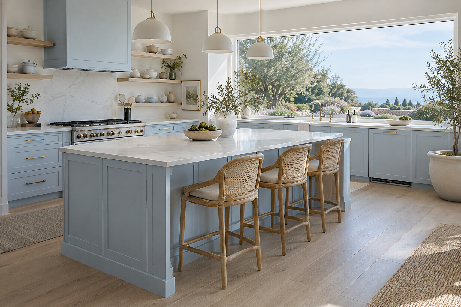 Coastal powder blue kitchen with cane seating and bright garden views