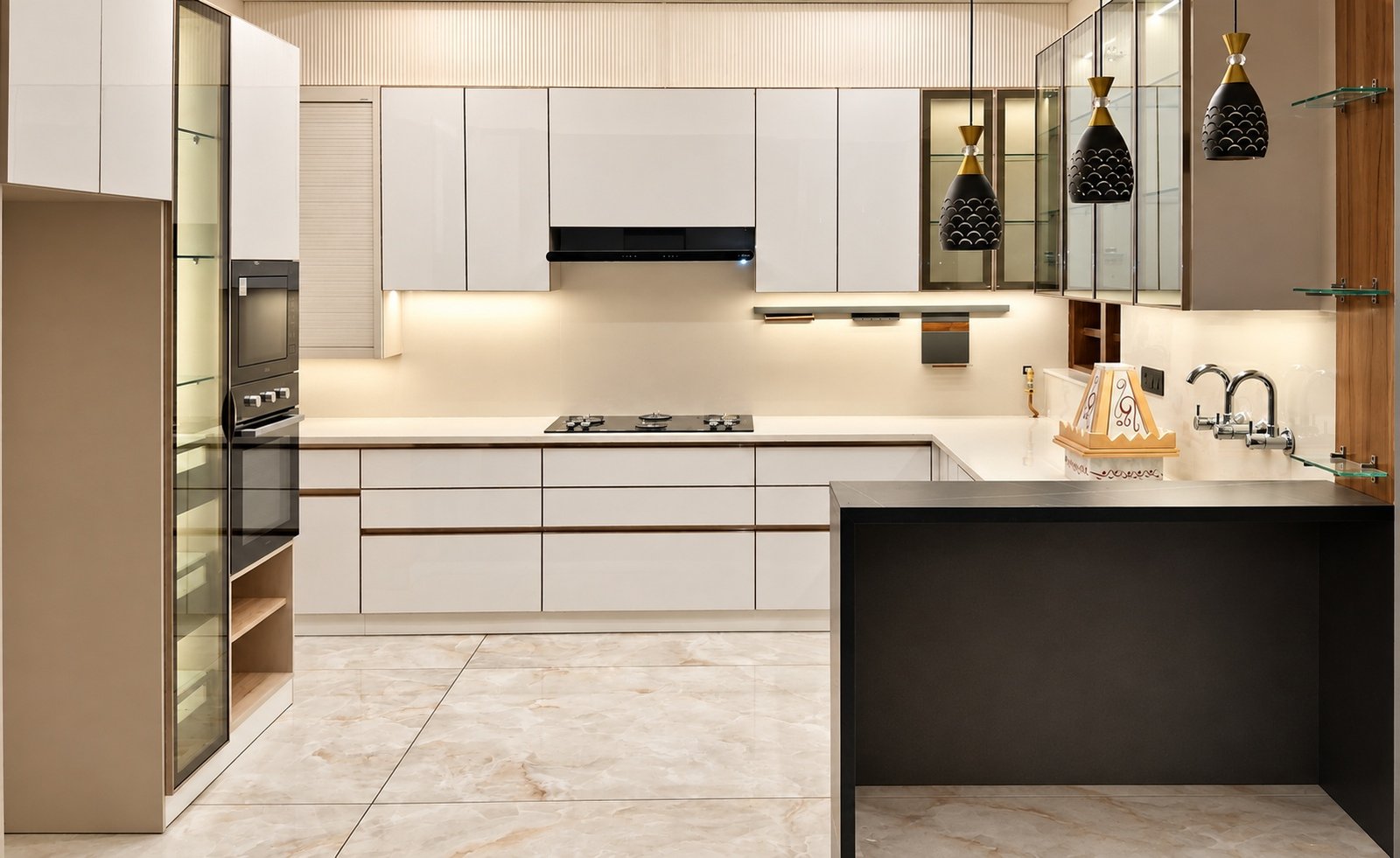 White Kan Systems kitchen with dark breakfast counter at Parul Agarwal’s home, Meerut