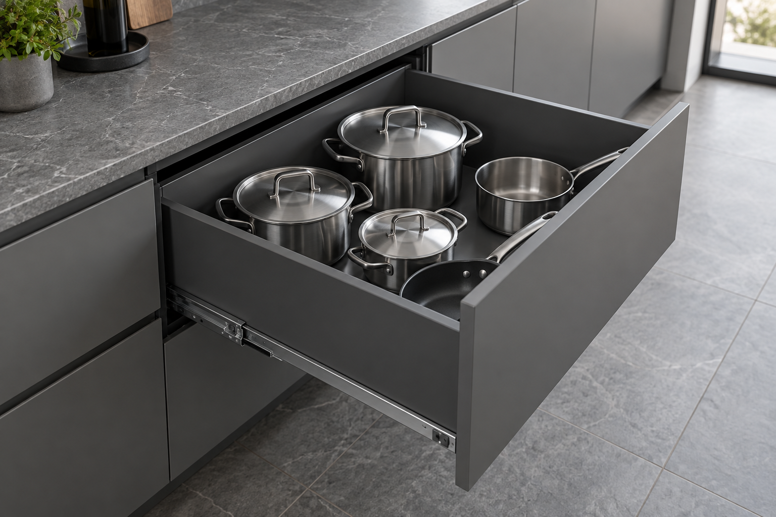 Extended deep drawer with pots and pans
