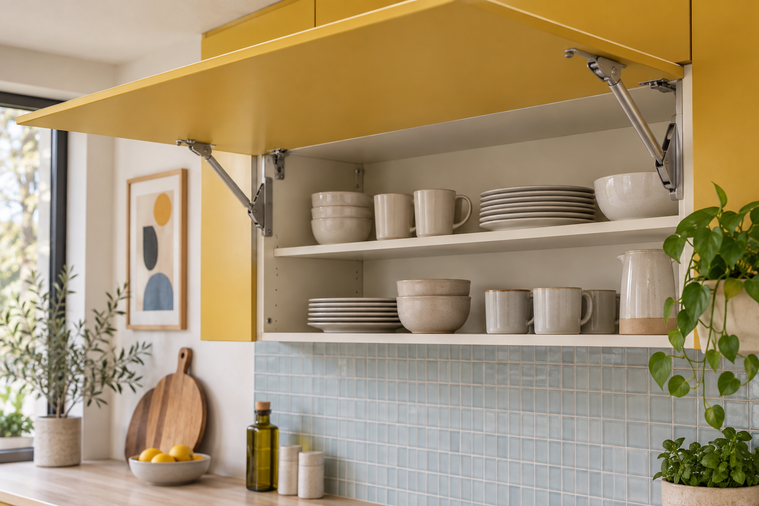 Yellow overhead cabinet with a raised door and visible lift mechanisms