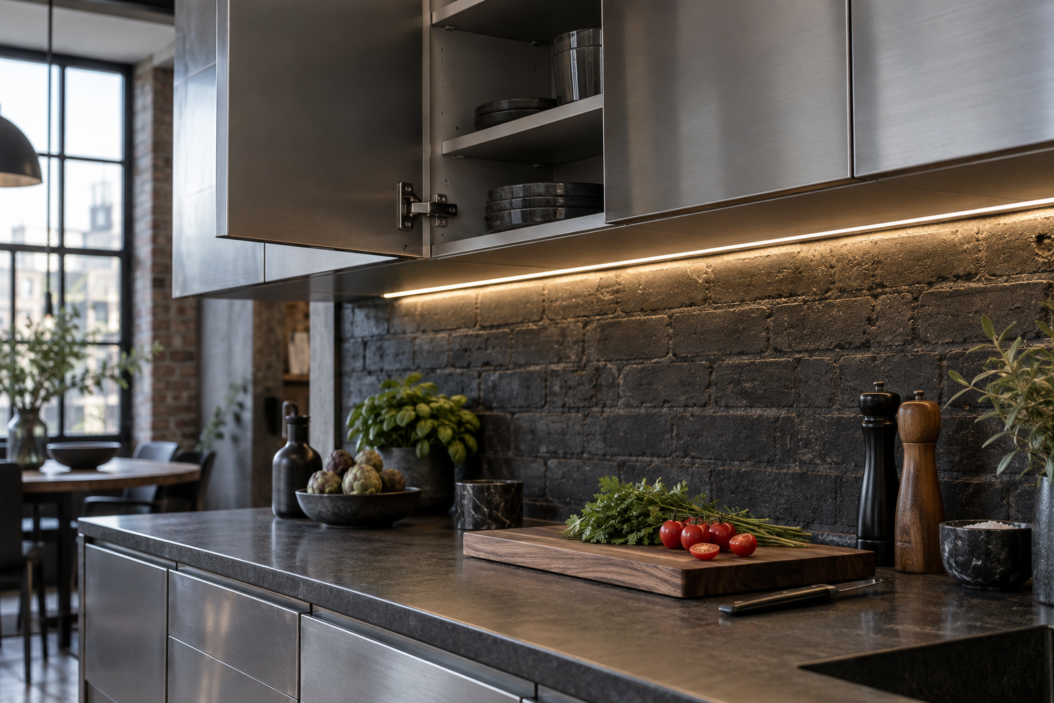 Industrial stainless steel kitchen with under-cabinet task lighting