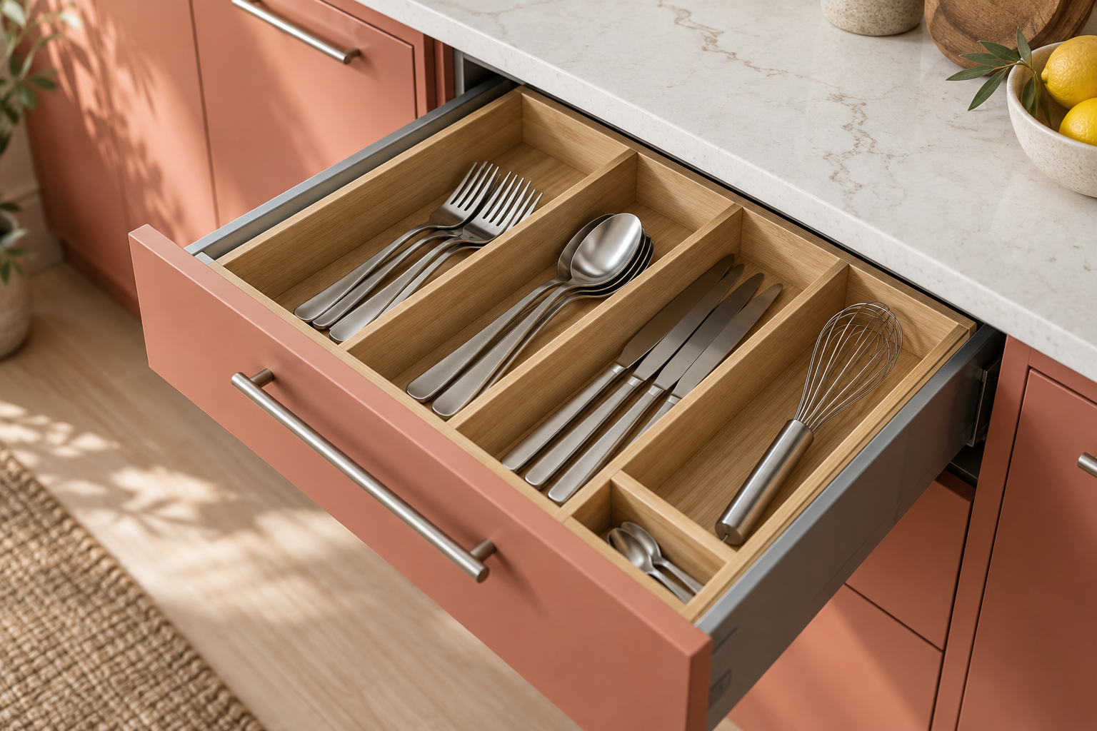 Coral kitchen drawer with bamboo cutlery dividers