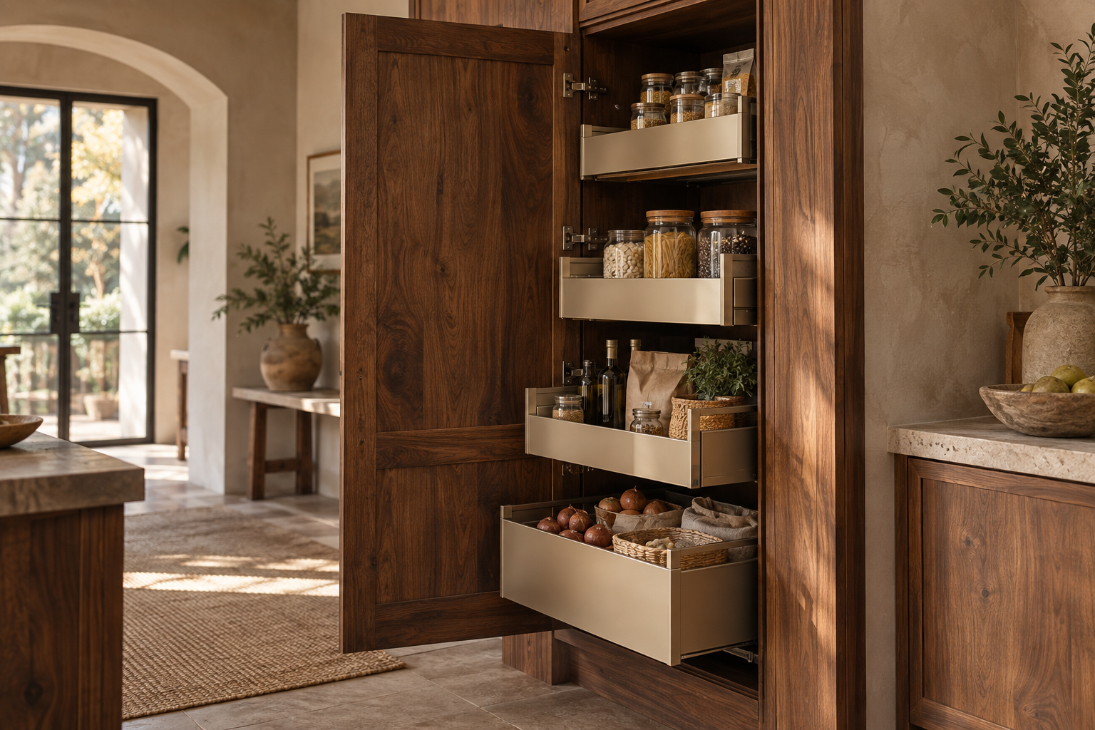 Chestnut pantry with four independently extending internal drawers