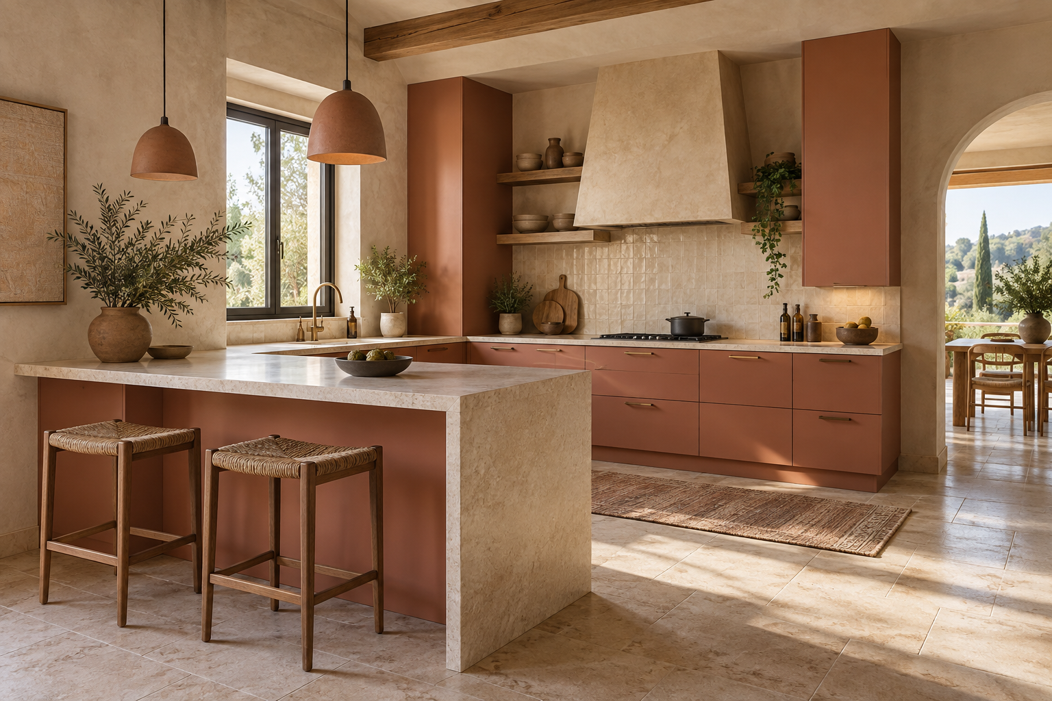 Terracotta Mediterranean kitchen with an attached limestone peninsula