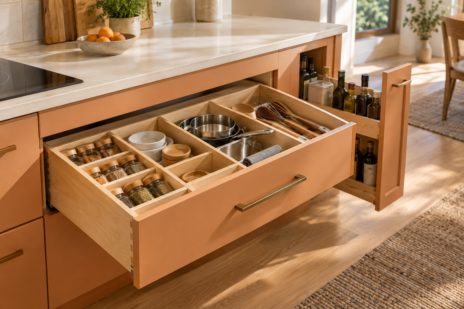 Apricot kitchen with an organised maple drawer and bottle pull-out