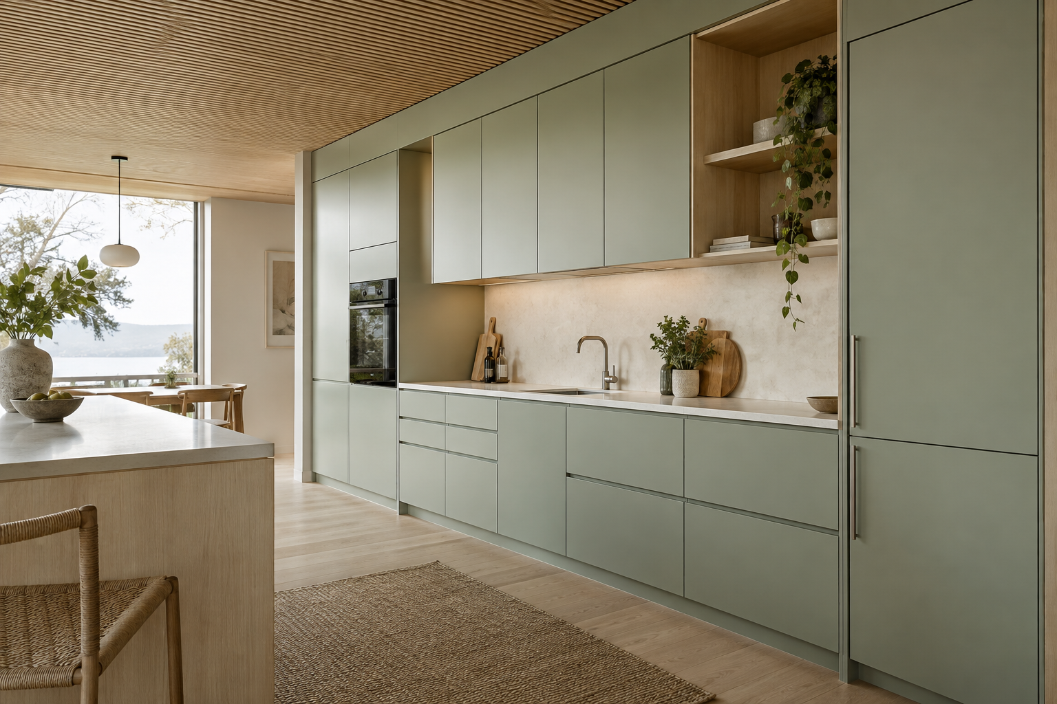 Sage and birch kitchen with coordinated cabinetry and integrated appliances