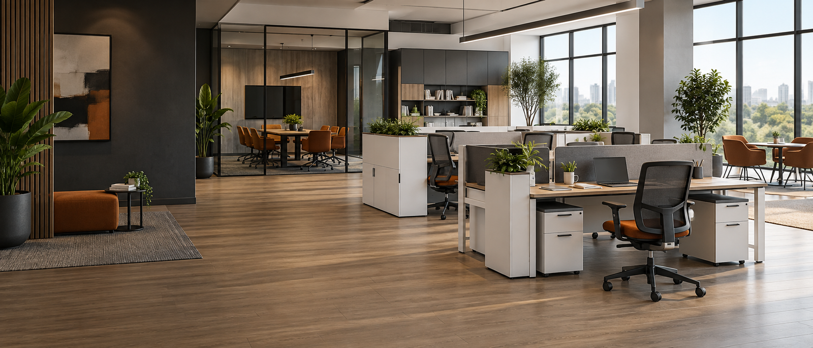 Office design inspiration showing coordinated workstations, seating and storage