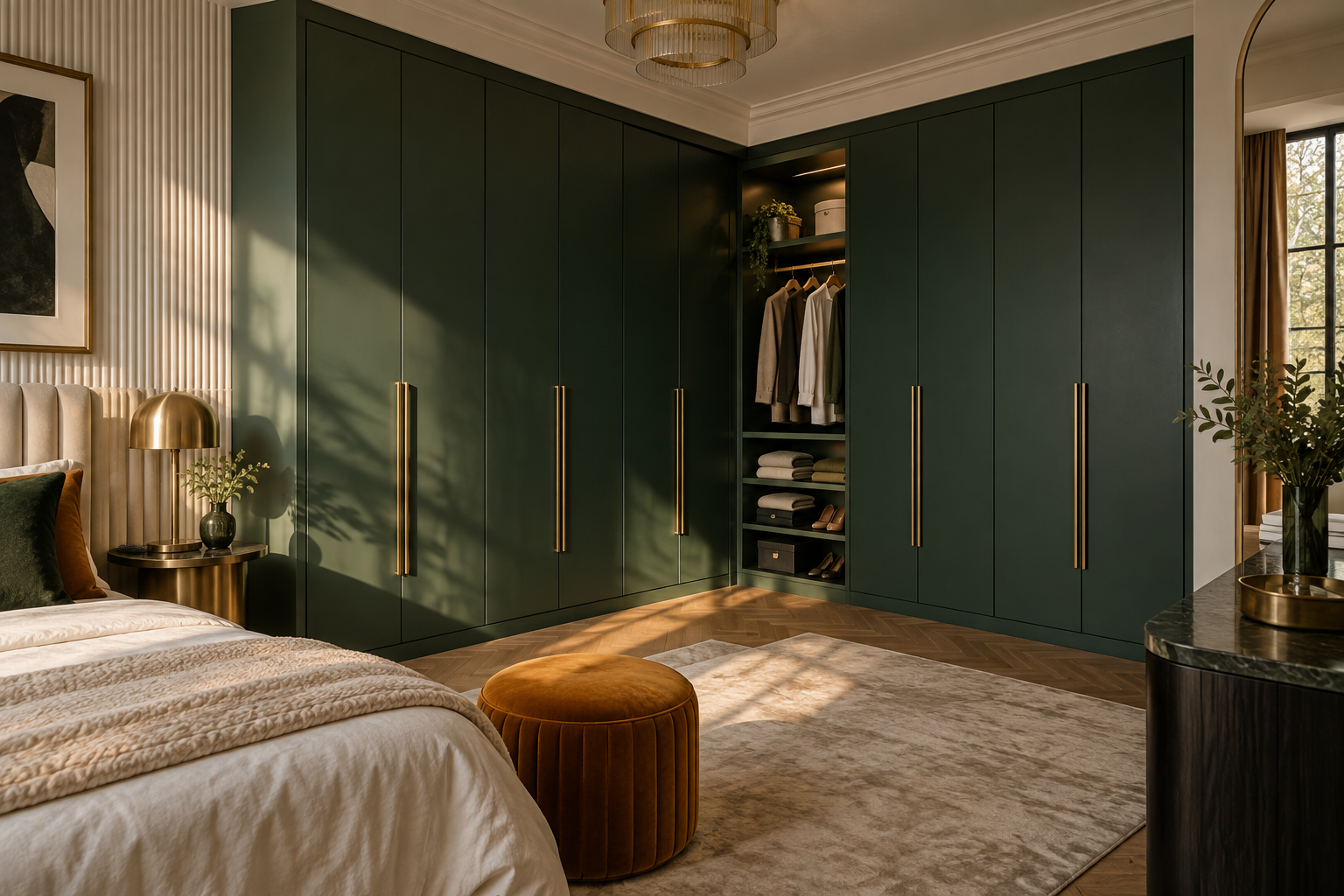 Forest green L-shaped wardrobe wrapping two adjacent walls