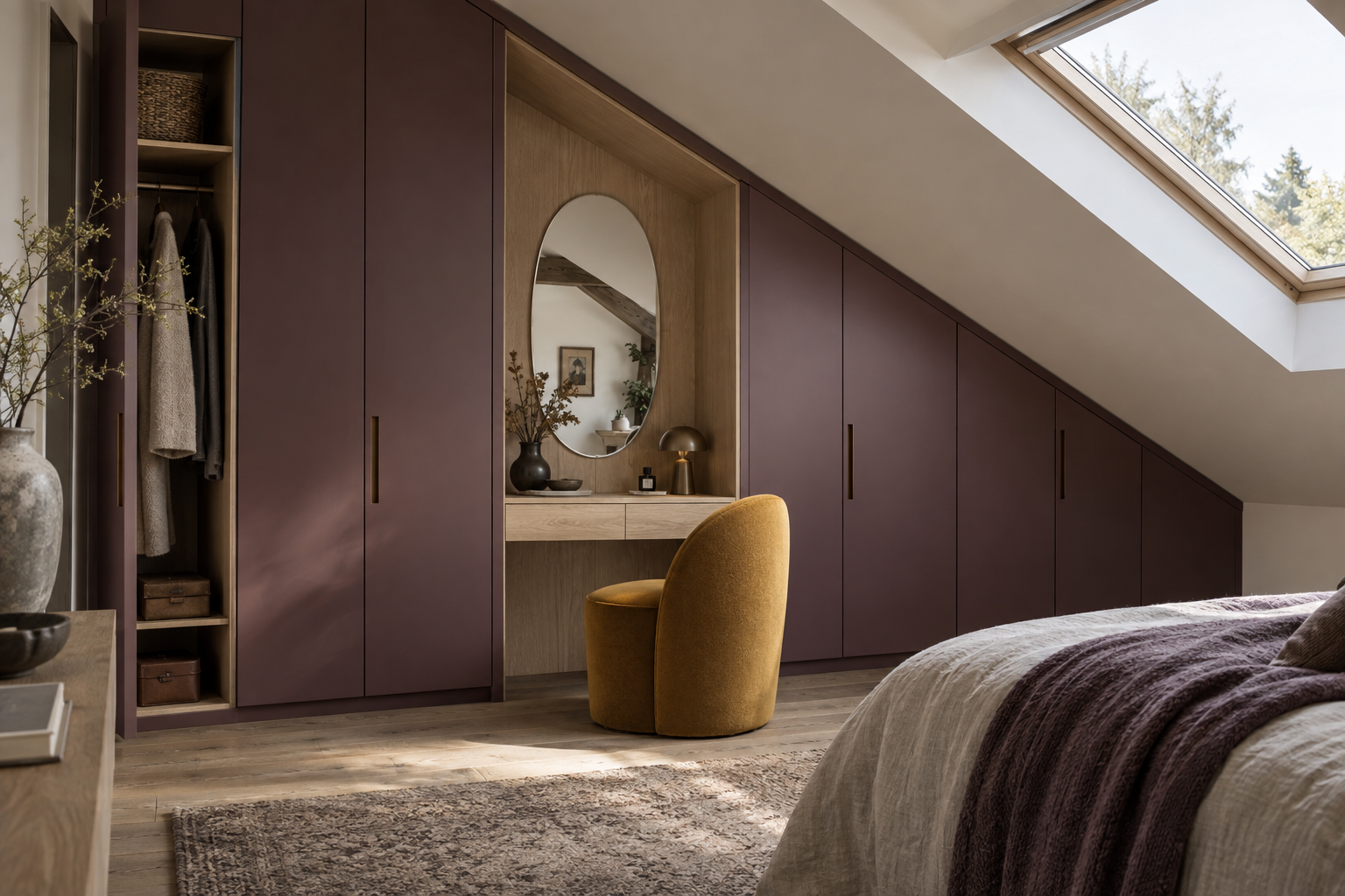 Custom aubergine wardrobe following a sloping ceiling with an integrated oak dressing vanity