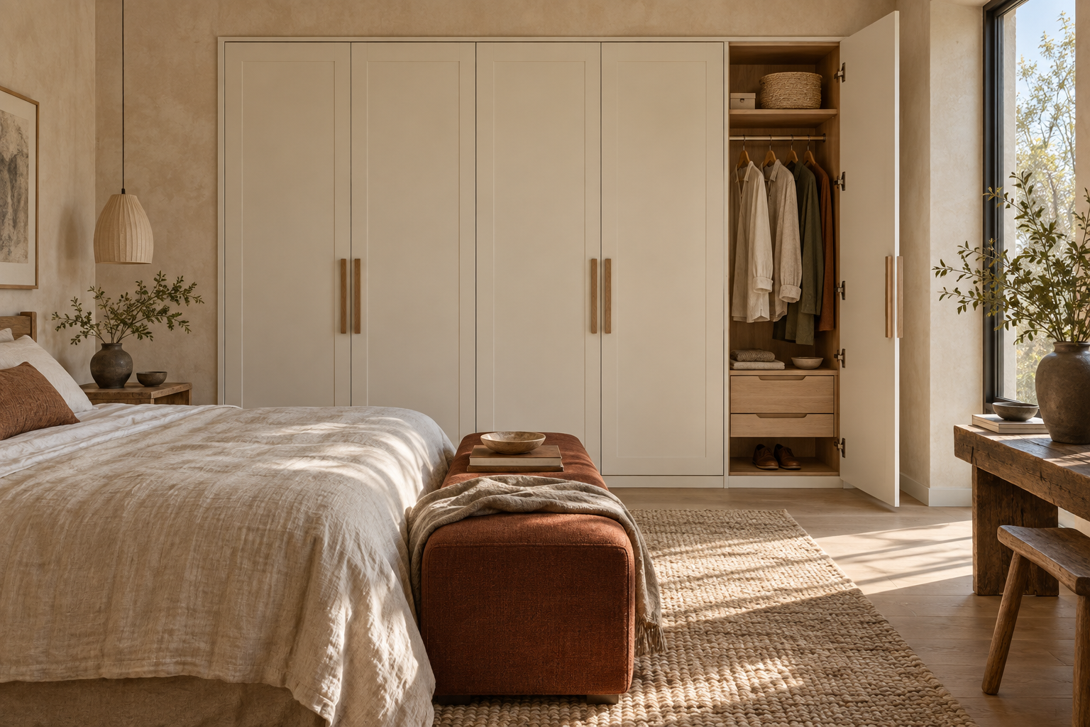 Ivory and oak hinged wardrobe with an open door revealing hanging storage