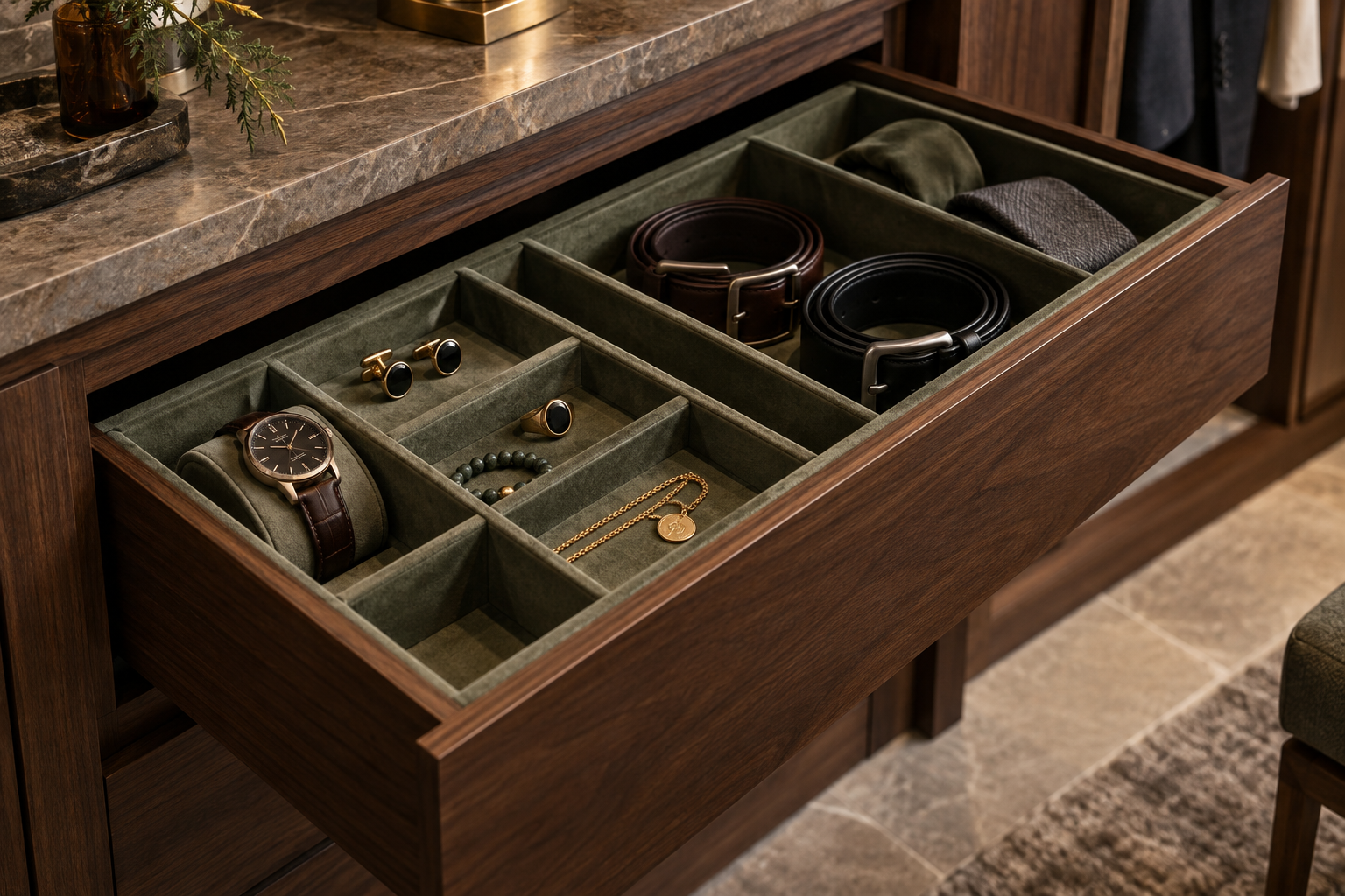 Open lined walnut drawer with compartments for watches jewellery and belts