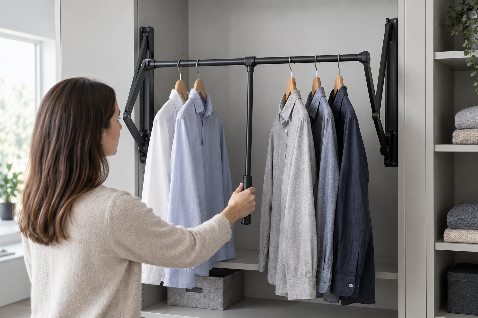 Pull-down wardrobe rail with articulated side arms and a central handle