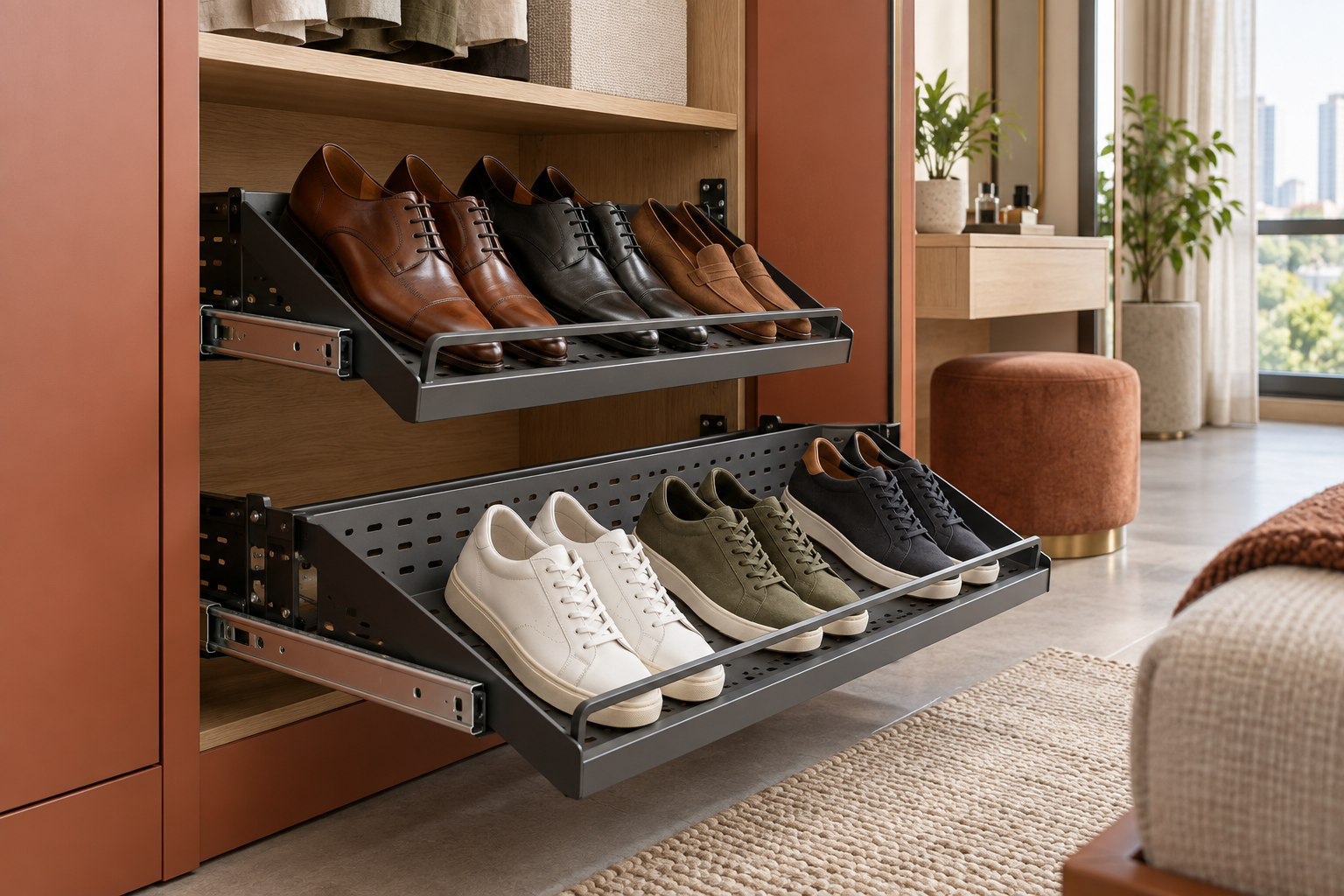 Angled shoe shelves extended on runners inside a terracotta wardrobe