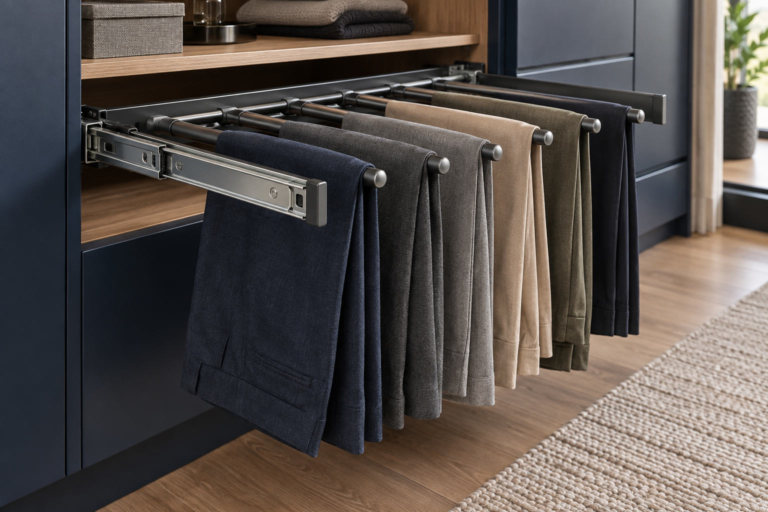 Extended trouser rack with separate metal rods holding trousers
