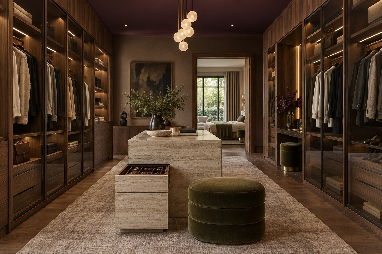 Walnut walk-in dressing room with glass front storage and a stone island