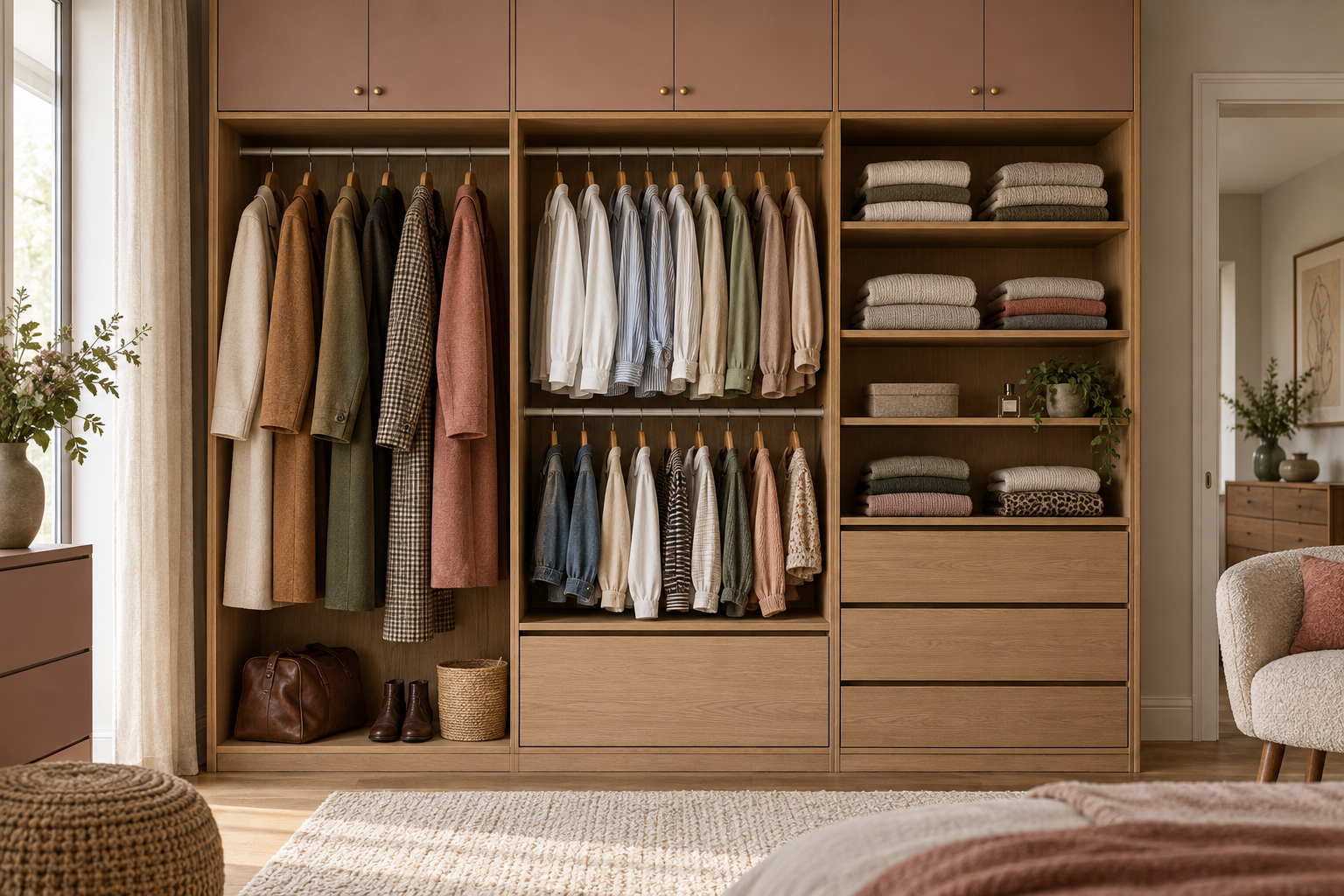 Wardrobe concept illustrating hanging zones, drawers, shelves and overhead storage