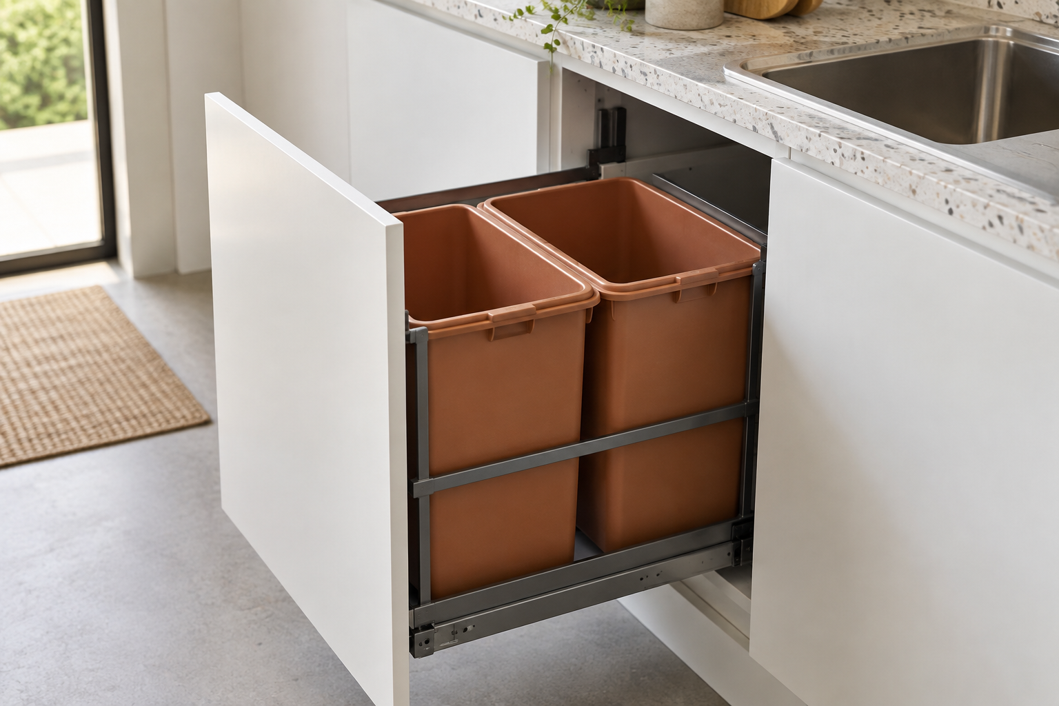 White kitchen with two removable terracotta waste bins in a pull-out