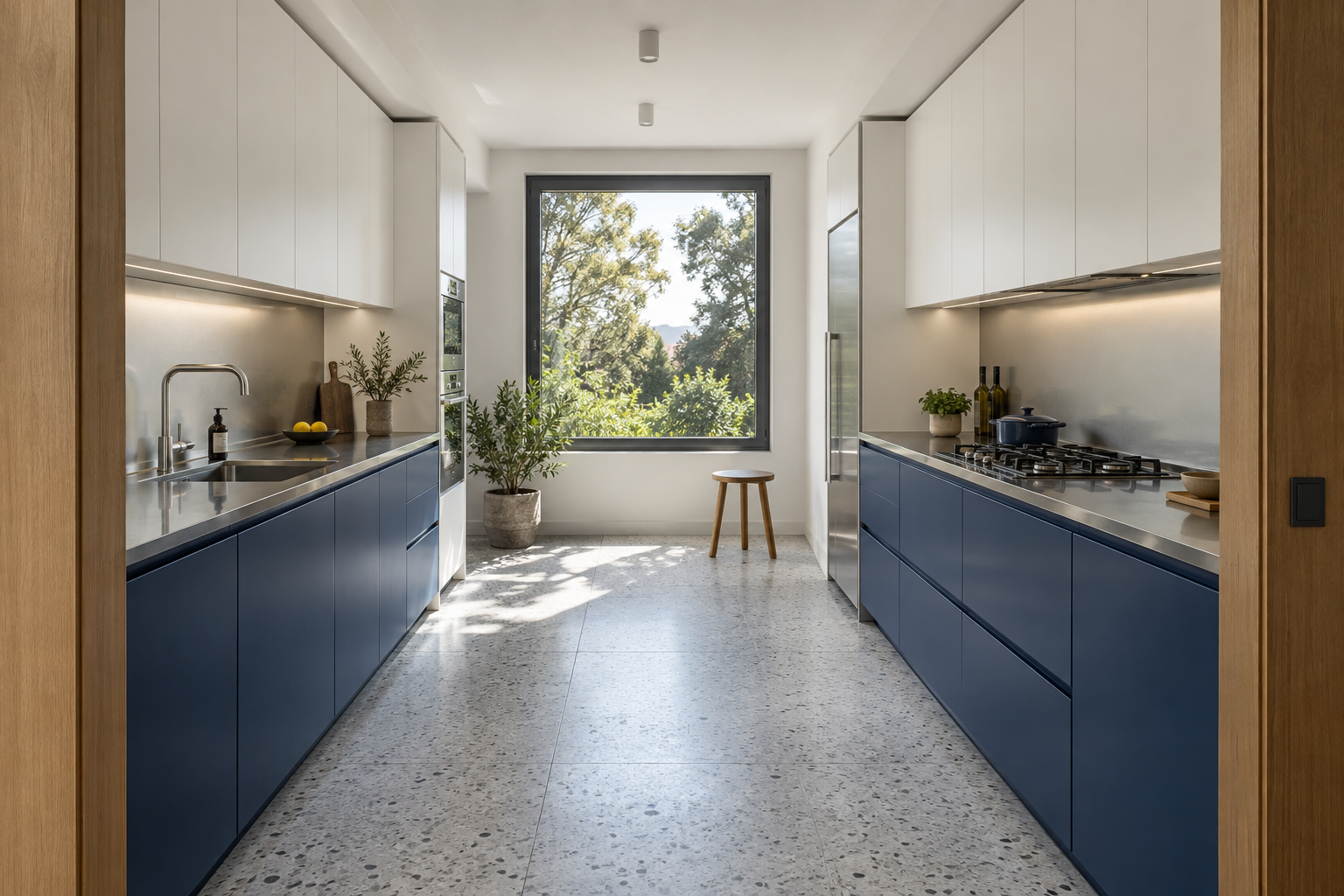 Blue and white galley kitchen with parallel preparation and cooking zones