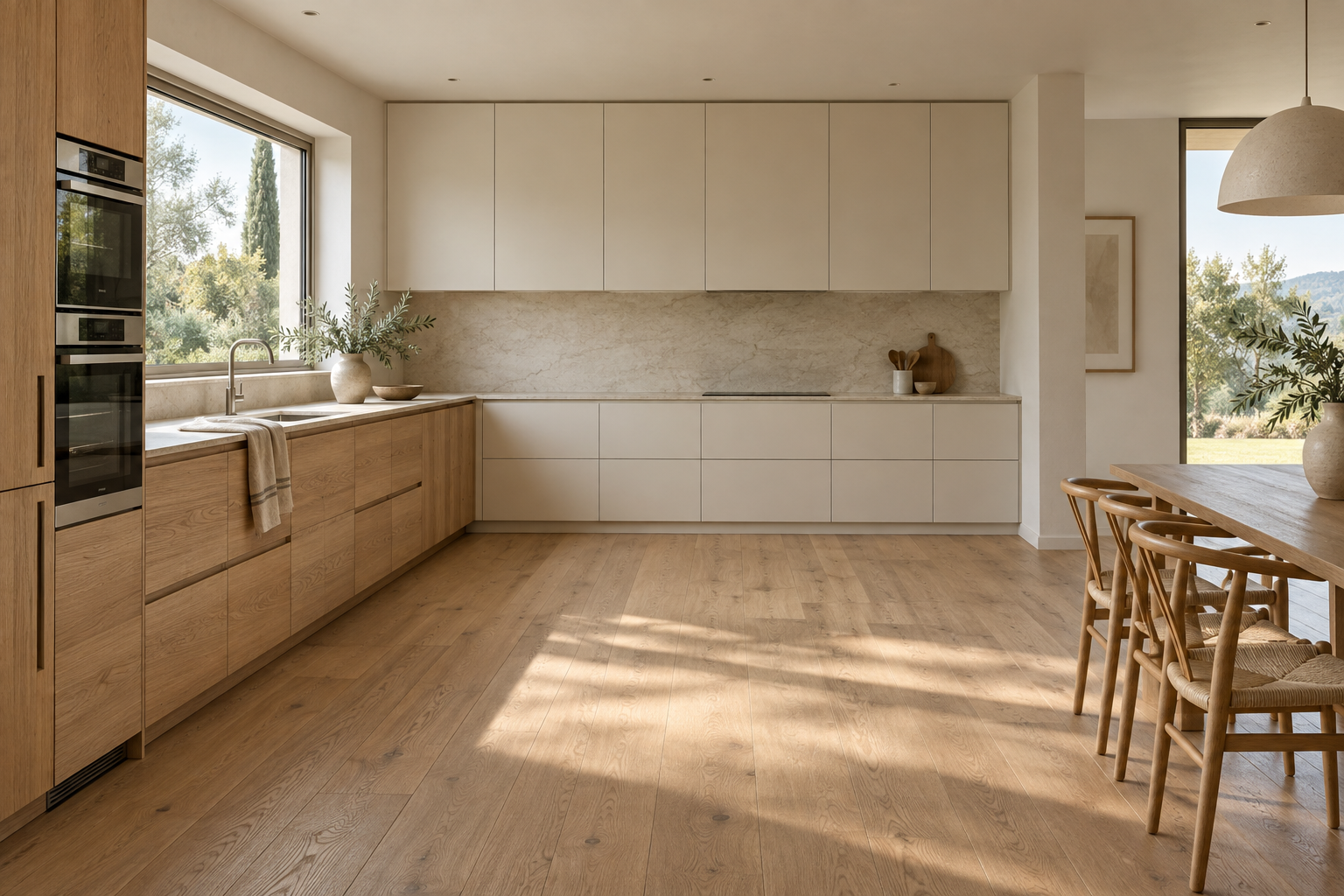 Ivory and oak L-shaped kitchen with two connected cabinet runs