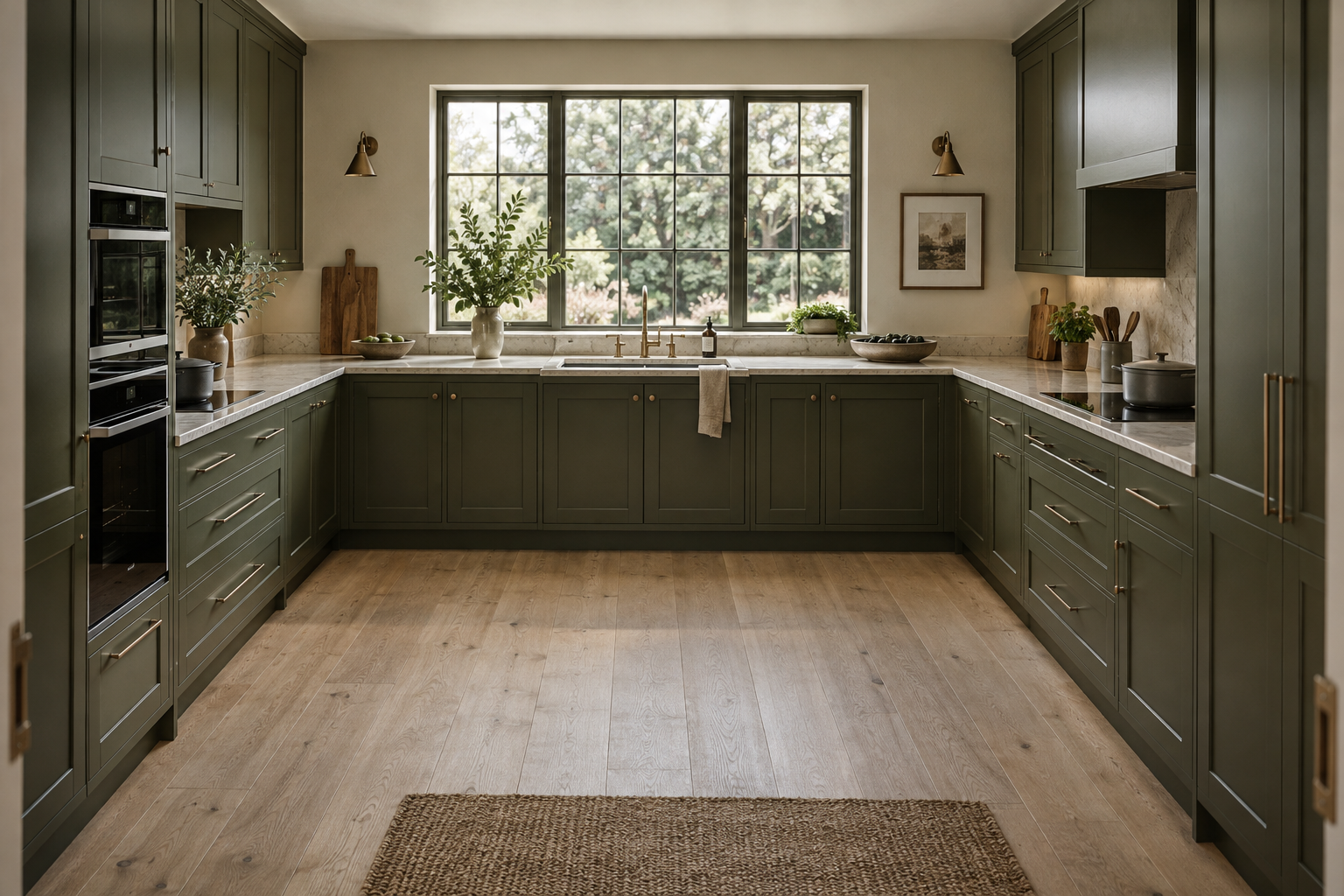 Olive U-shaped kitchen with three connected cabinet runs