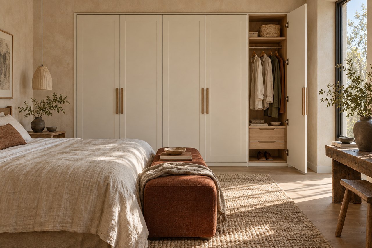 Ivory and oak hinged wardrobe design concept with an open door revealing hanging storage