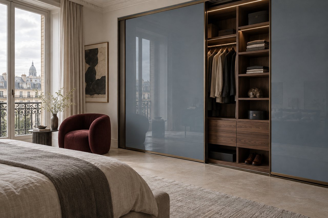 Smoky blue sliding wardrobe design concept with overlapping panels and exposed walnut storage